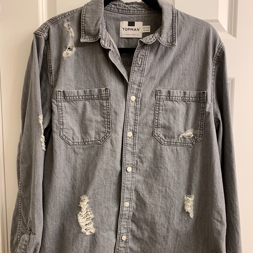 Topman Distressed Denim Button Down Shirt